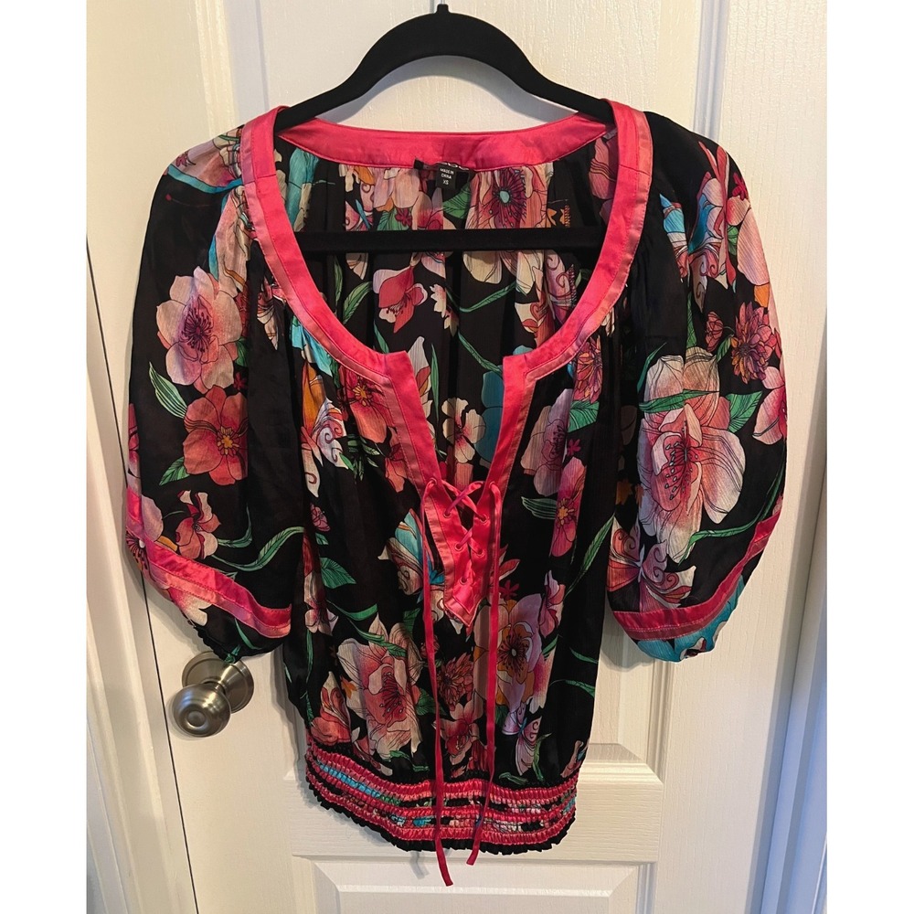 Bebe Womens Blouse Silk Floral Lace‎ Up Y2K Fairycore Puff Sleeve SIze XS